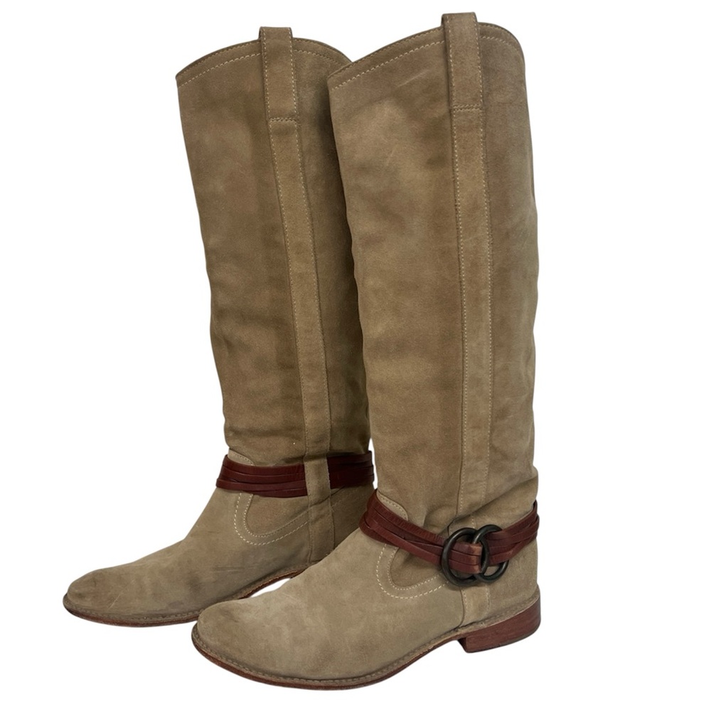 FRYE Kirsten Tan Suede Western Boots US 7B Tall Harness Tall Riding Boot